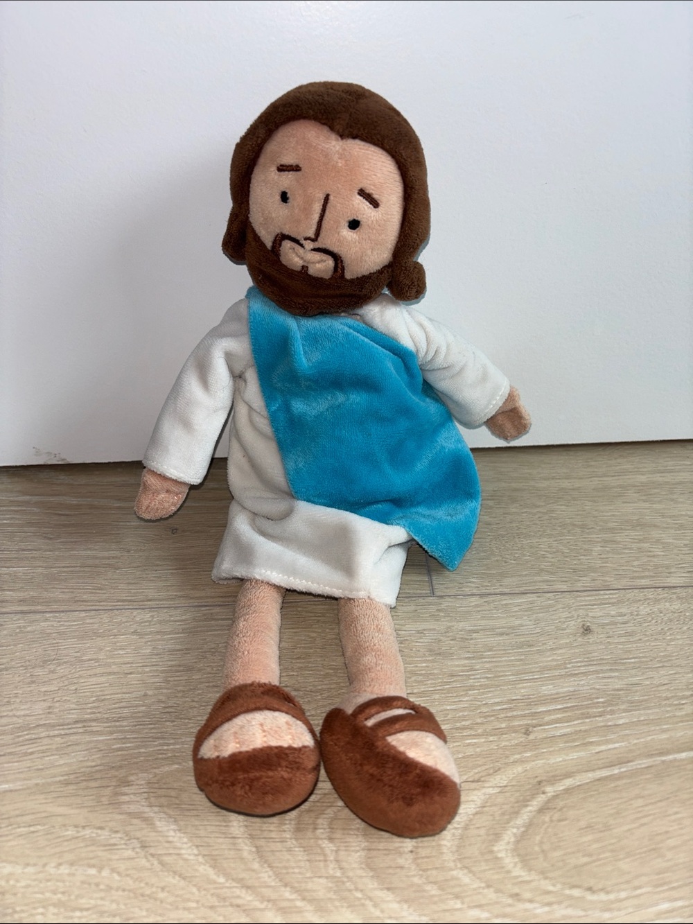 Jesus Plush Figure with Blue Sash and Brown Hair